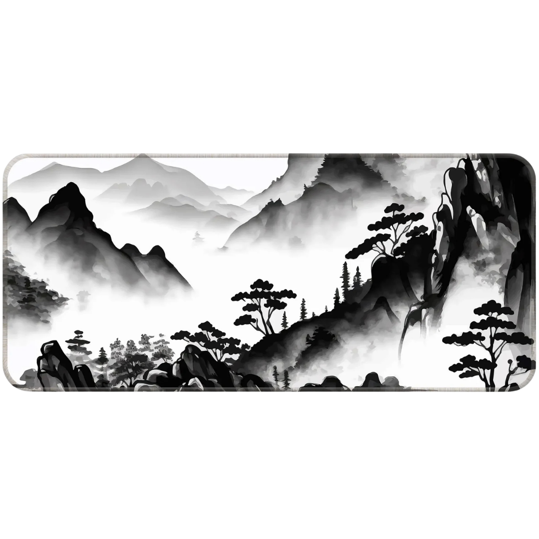 Japanese minimalist mountain desk pad ink wash style.