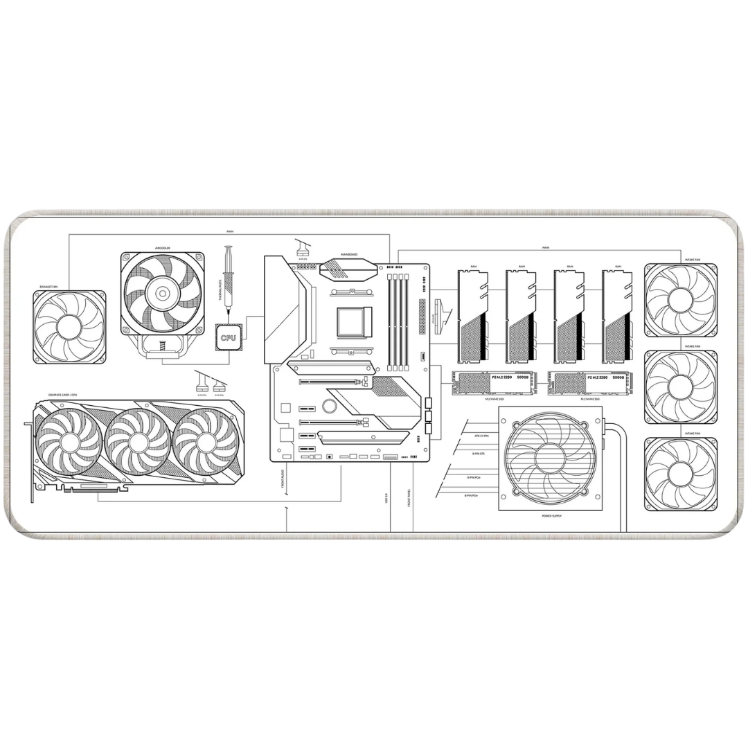PC hardware blueprint schematic mousepad for gaming setup.